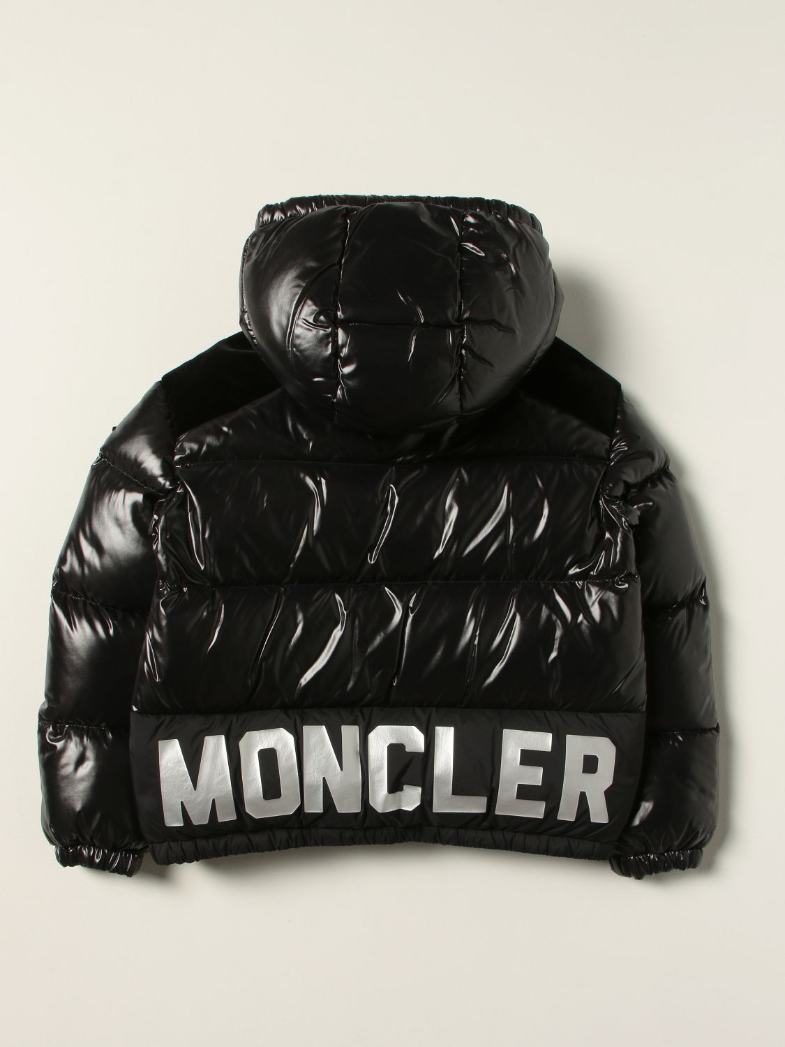 MONCLER: Shiny Chouelle down jacket with big logo - Black | Moncler ...