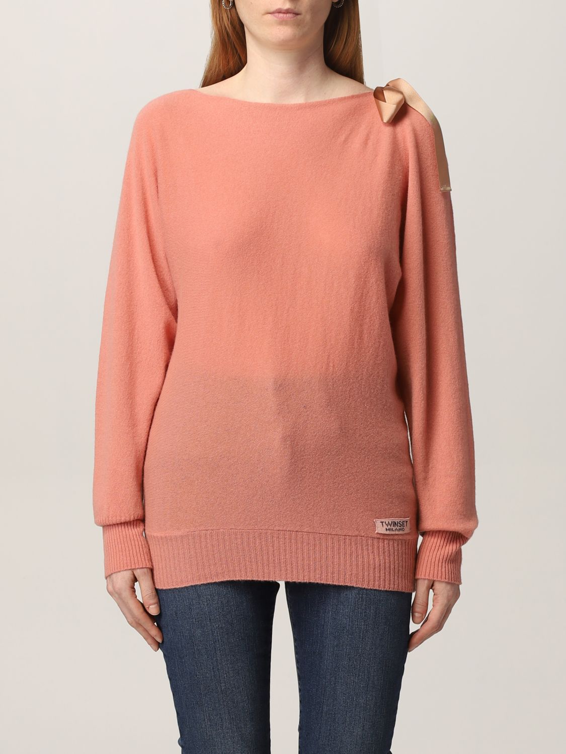 Twinset Twin Set Sweater In Cashmere Blend With Bow Pink Twinset Sweater 212tp3143 Online