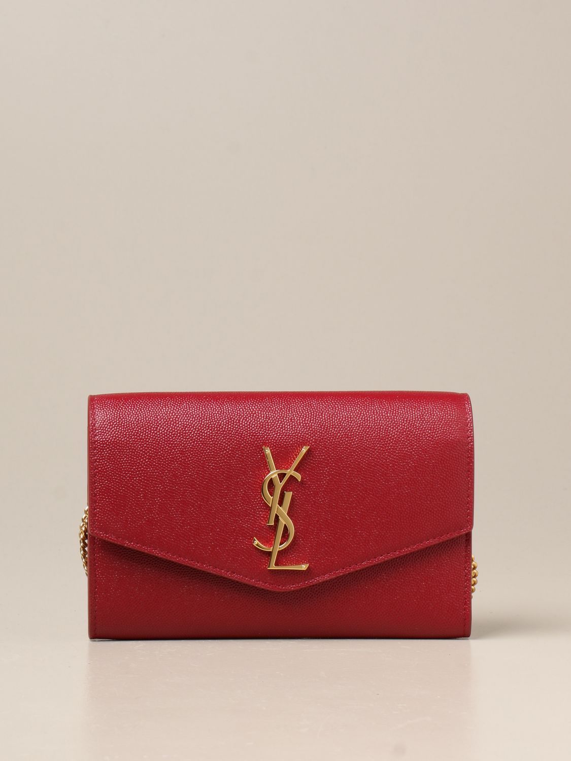 SAINT LAURENT: Uptown chain wallet bag in grain de poudre leather with YSL  logo - Burgundy