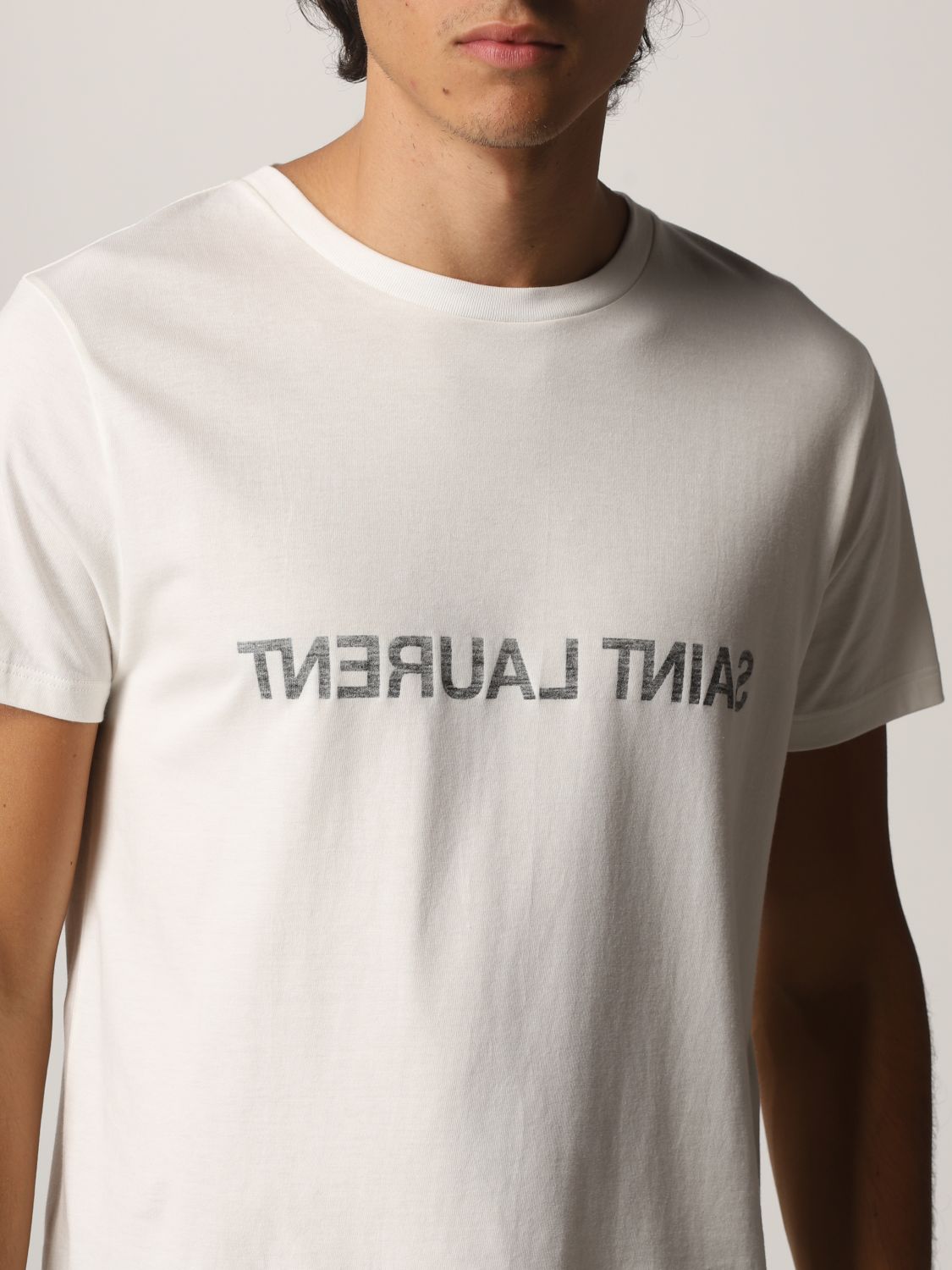 SAINT LAURENT: cotton T-shirt with reversed logo - White | T-Shirt ...