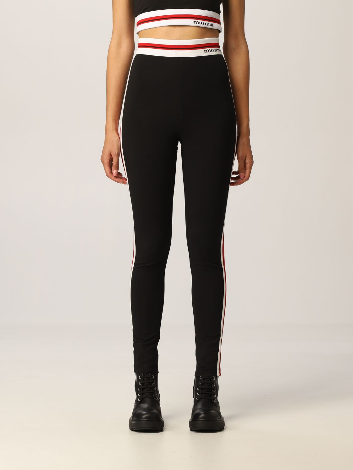 Pants Miu Miu: Miu Miu leggings in stretch cotton with logo black 1