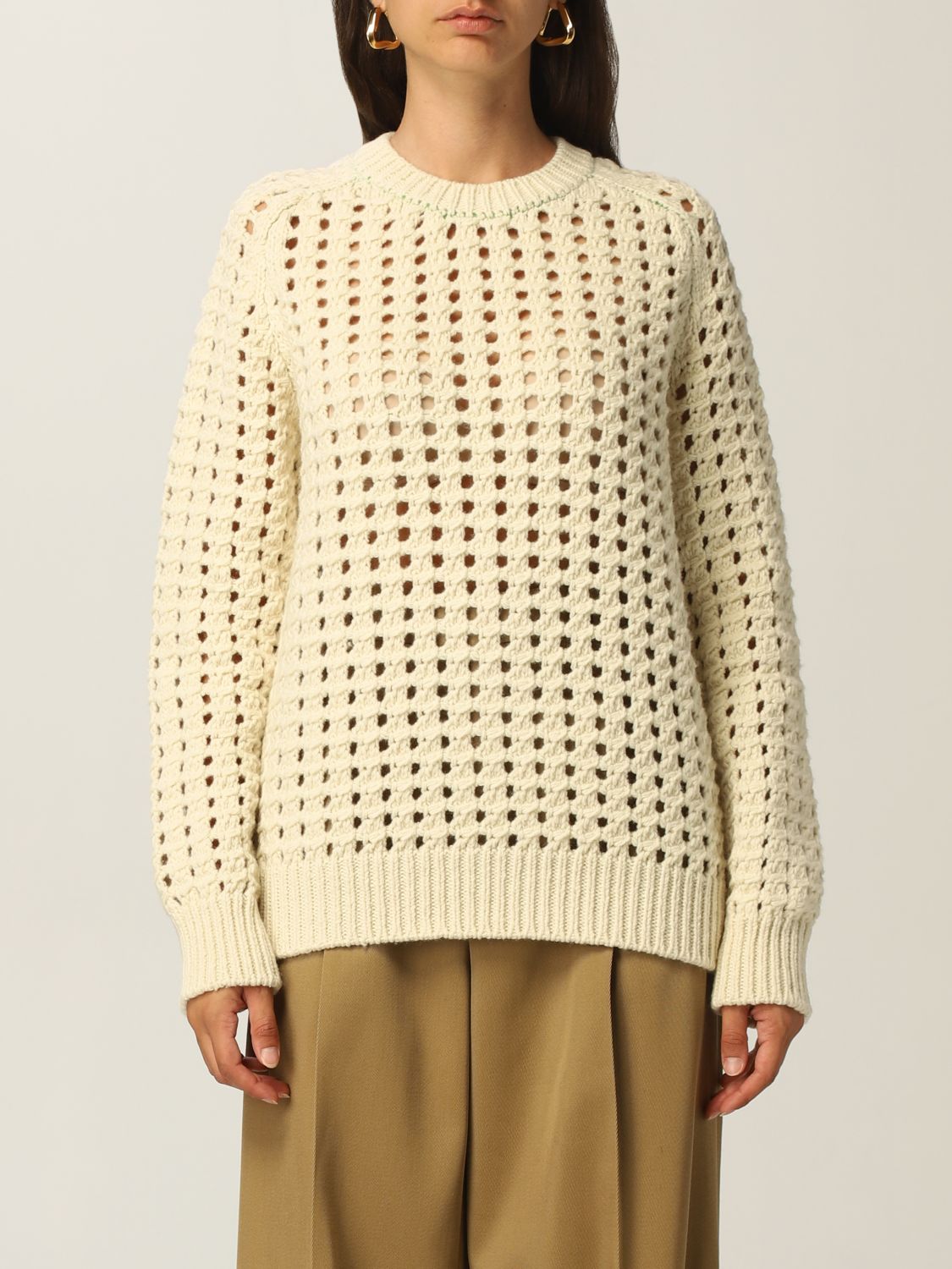 BOTTEGA VENETA: wool sweater with holes - Yellow Cream | Bottega Veneta ...