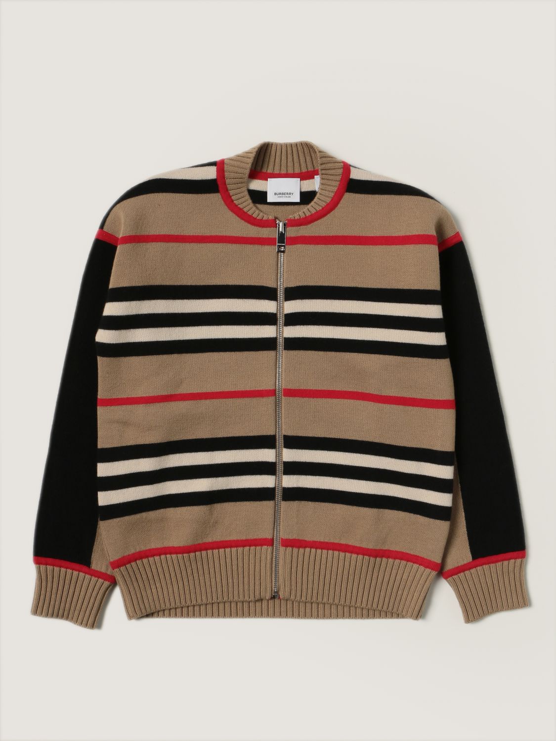 BURBERRY: cardigan in wool and cashmere blend with striped pattern ...