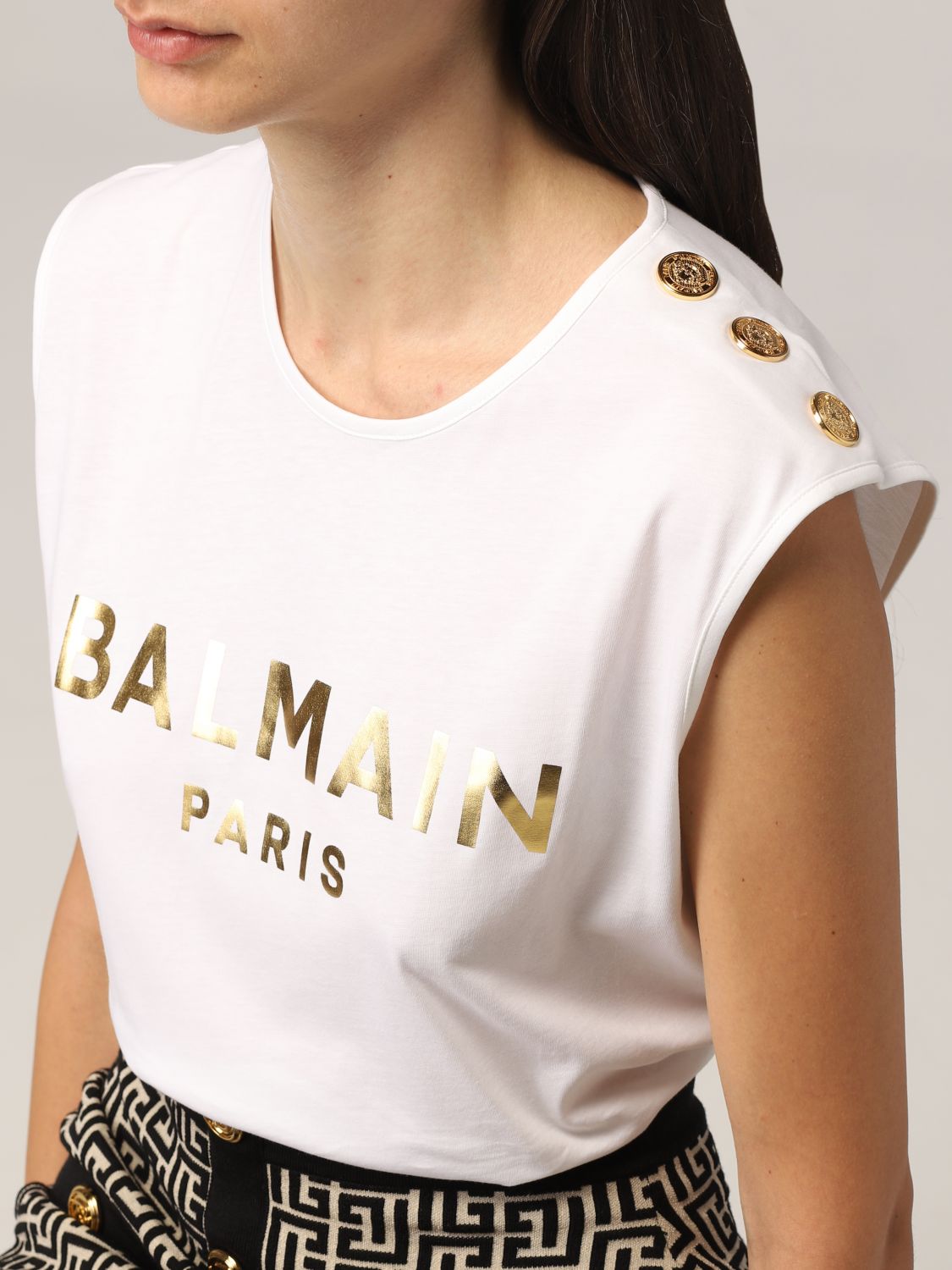 Uenighed Bedrag bark BALMAIN: cotton T-shirt with laminated logo | T-Shirt Balmain Women White |  T-Shirt Balmain WF1EB005B097 GIGLIO.COM