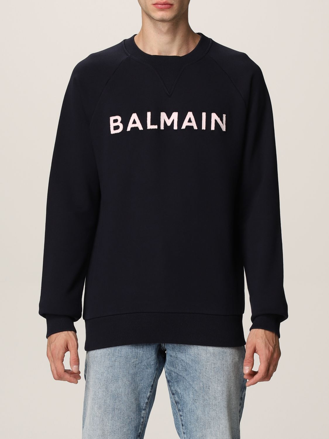 BALMAIN: cotton sweatshirt with logo - Navy | Balmain sweatshirt ...
