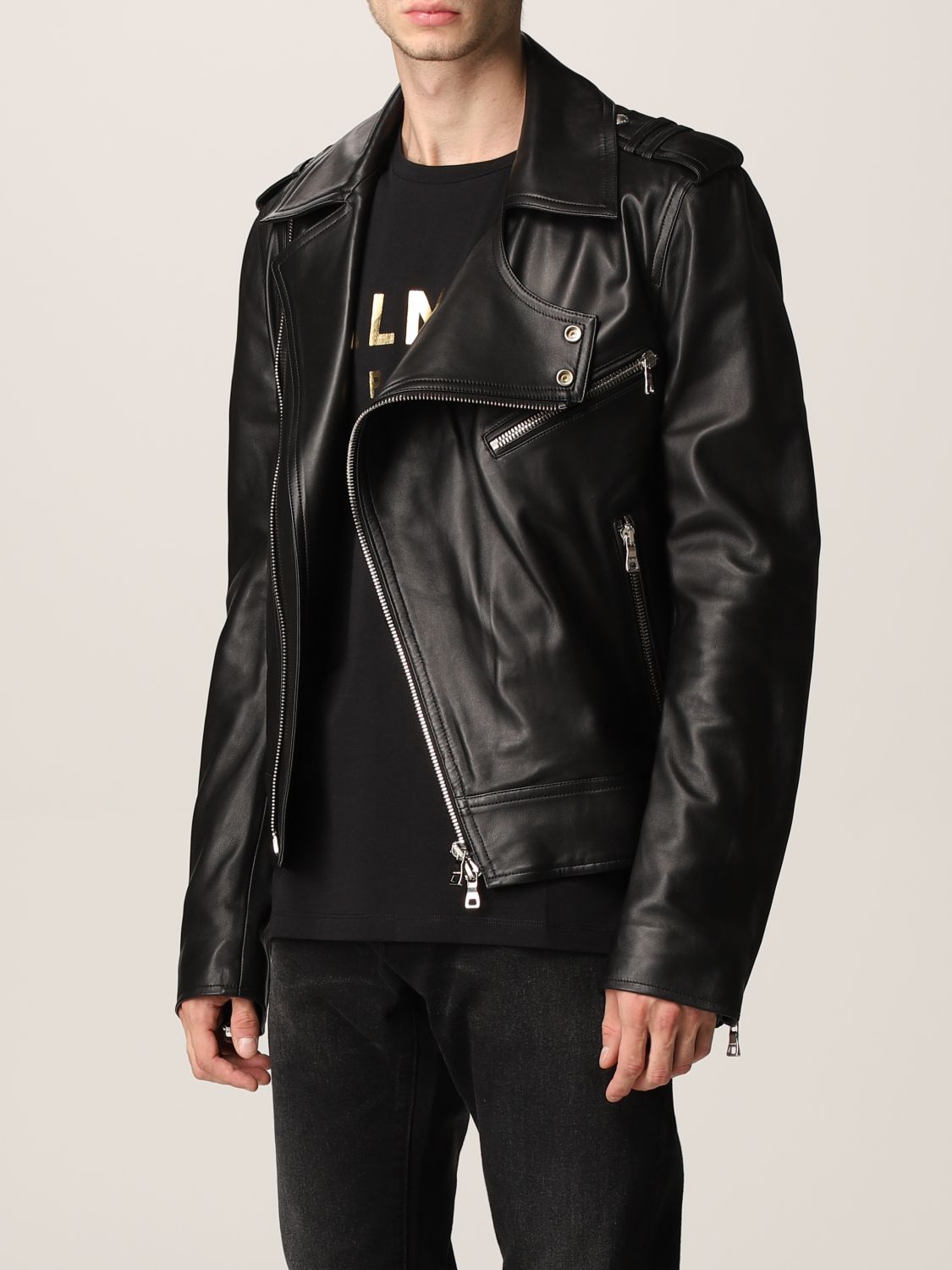 T Kejser Støvet BALMAIN: leather biker jacket - Black | Balmain jacket WH1TD055L115 online  on GIGLIO.COM
