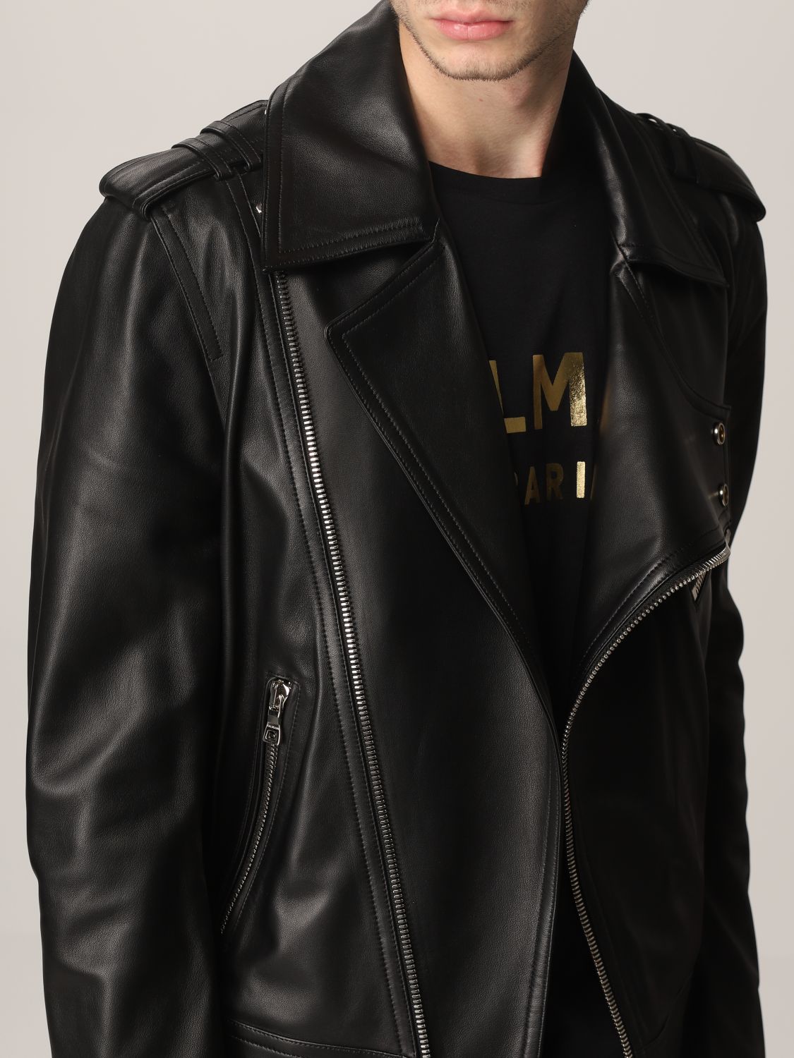 BALMAIN: leather biker jacket | Balmain Men Black | Jacket Balmain WH1TD055L115 GIGLIO.COM
