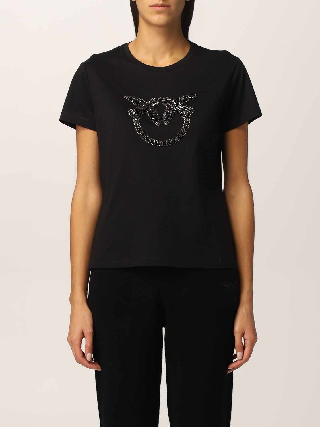 PINKO: cotton T-shirt with embroidered logo - Black | Pinko t-shirt ...