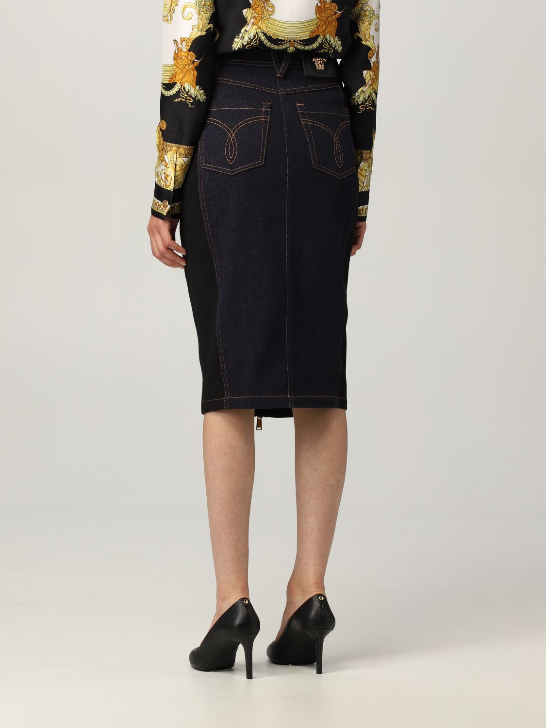 Skirt Versace: Versace midi skirt in cotton denim black 3