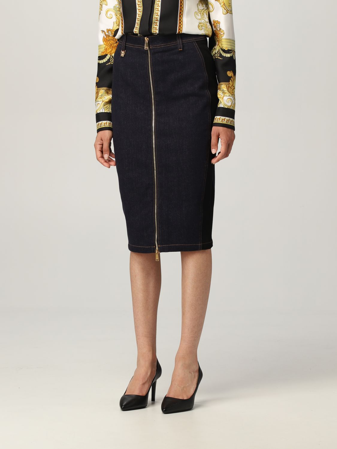 Skirt Versace: Versace midi skirt in cotton denim black 4