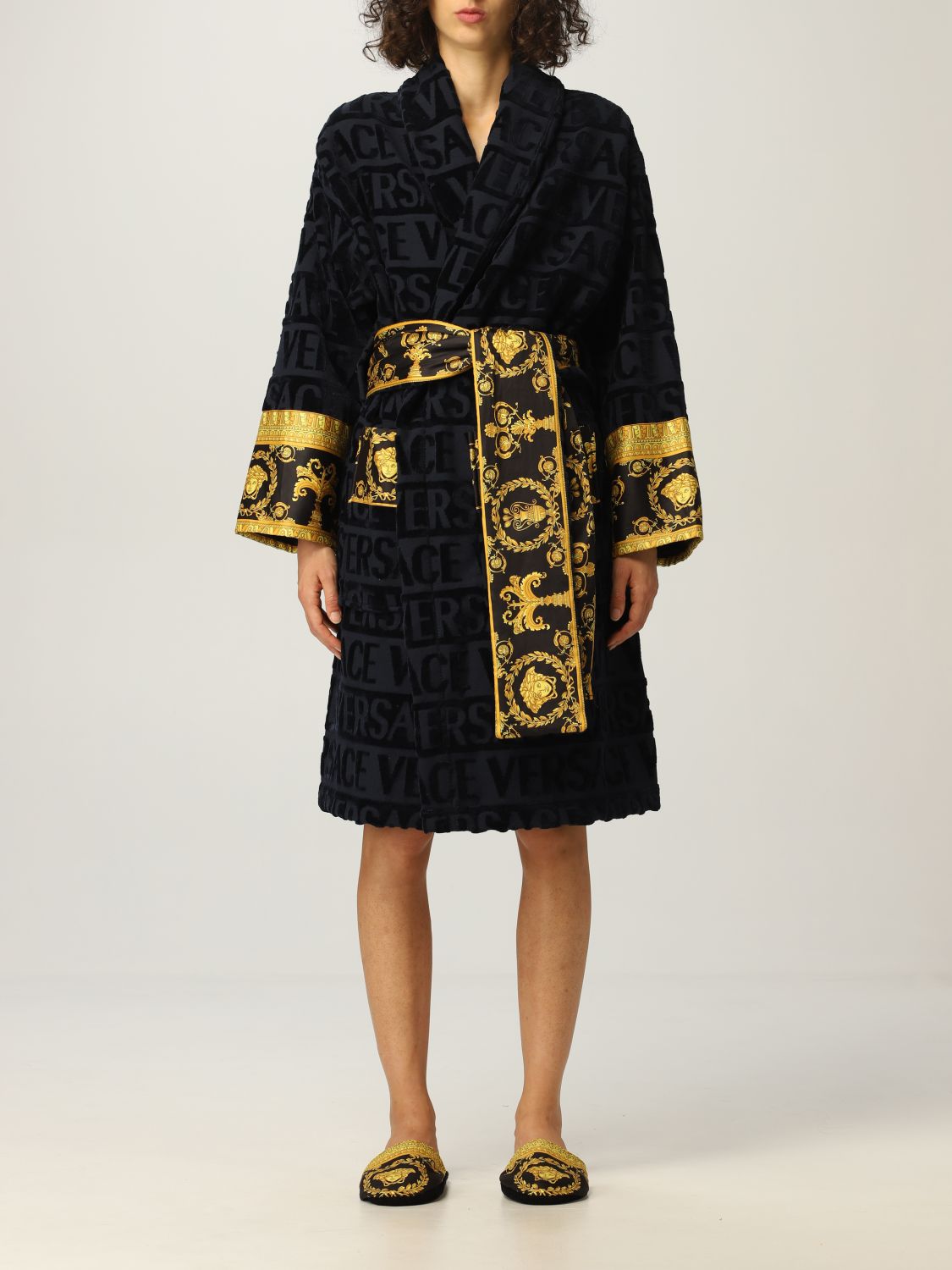 VERSACE HOME: bathrobe with baroque profiles - Blue | Versace Home ...