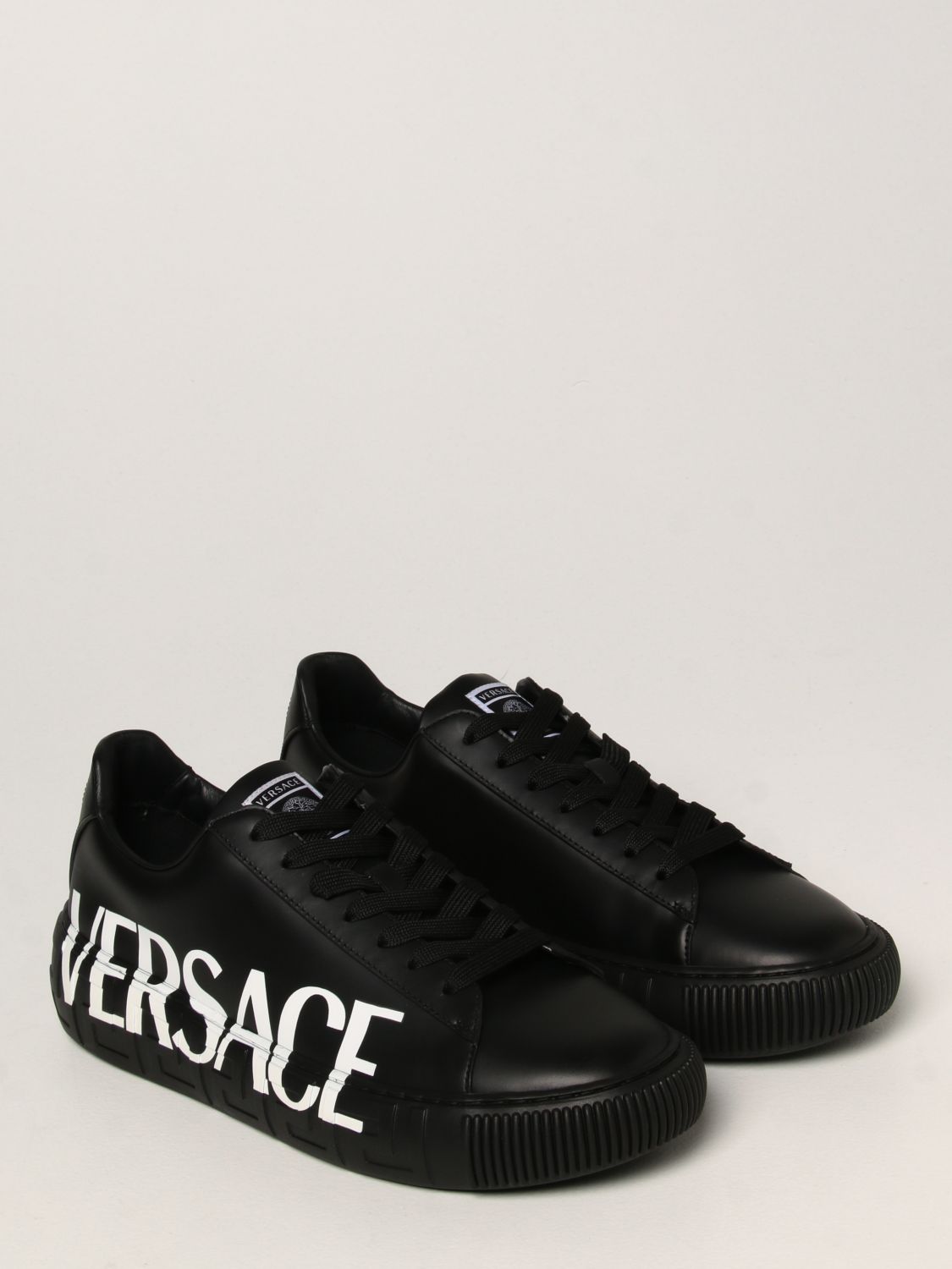 运动鞋 Versace: Greca Versace Logo皮革运动鞋 黑色 2