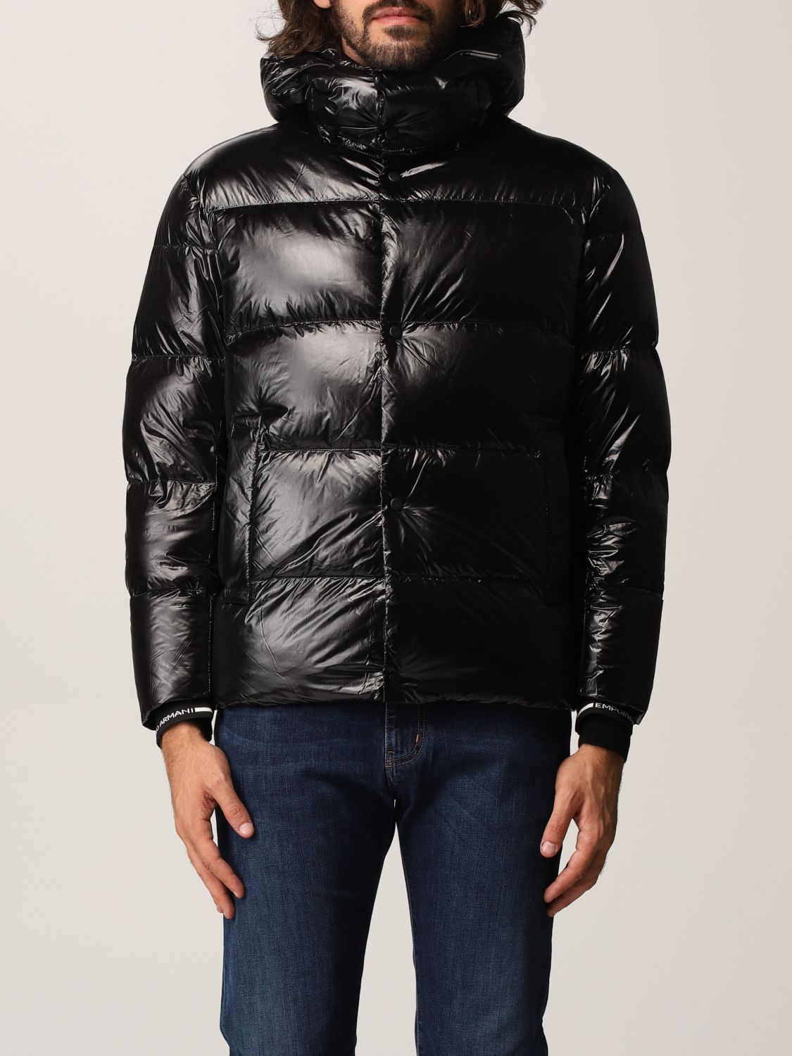 EMPORIO ARMANI: down jacket in matelassé shiny nylon - Black | Emporio ...