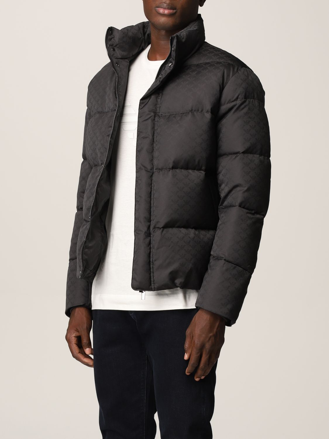 EMPORIO ARMANI: quilted nylon down jacket with all-over eagle logo ...