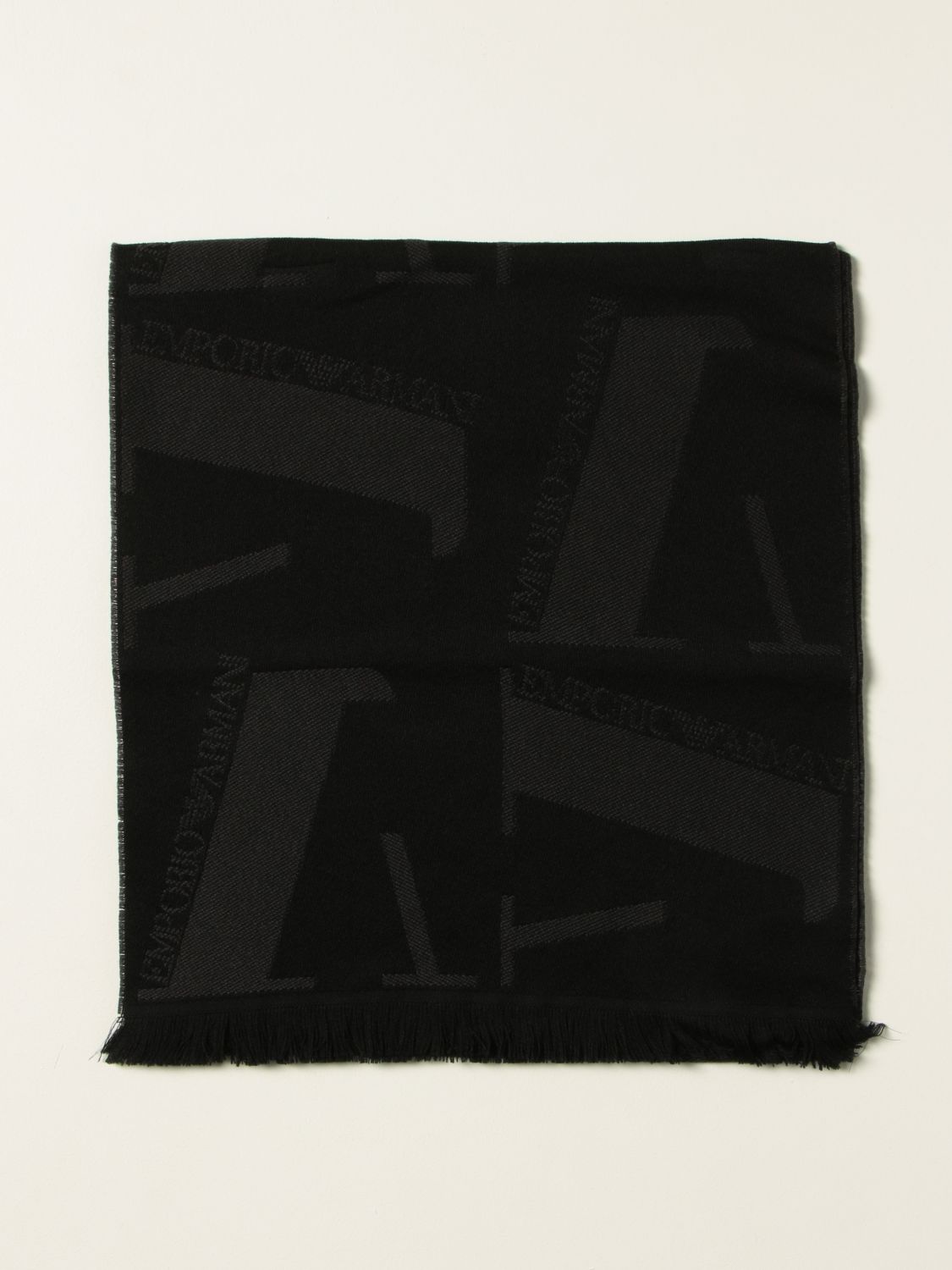 EMPORIO ARMANI: wool scarf with logo - Black | Emporio Armani scarf ...