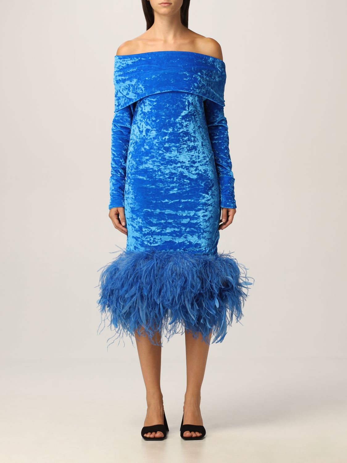 THE ATTICO: Mid-length dress with feathers - Gnawed Blue | Dress The ...