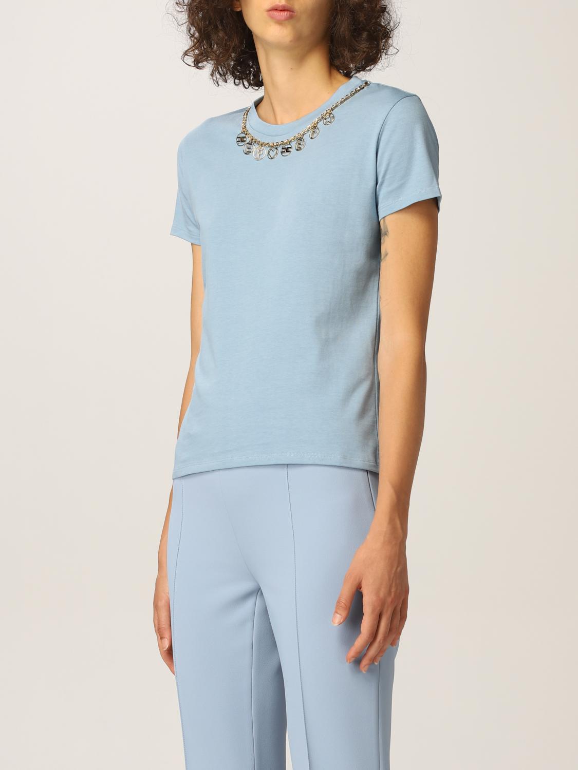 ELISABETTA FRANCHI: T-shirt in cotone con dettaglio metallico - Azzurro | T-Shirt  Elisabetta Franchi MA20316E2 GIGLIO.COM