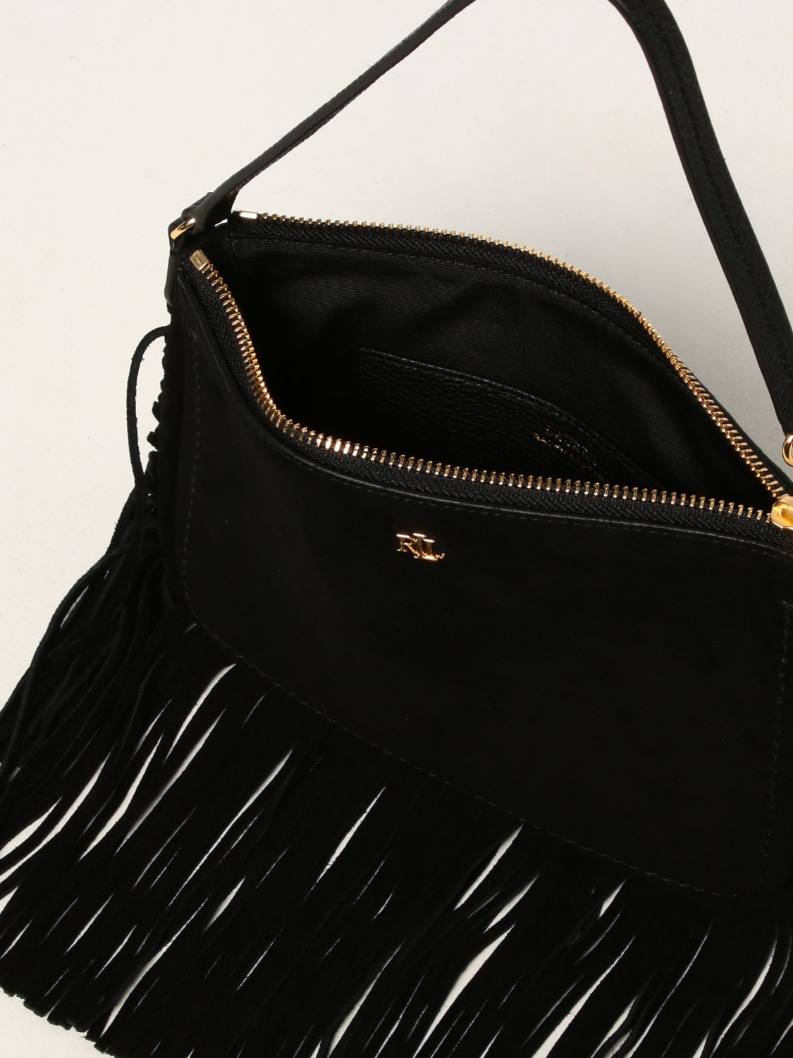 LAUREN RALPH LAUREN: bag in suede with fringes - Black | Lauren Ralph