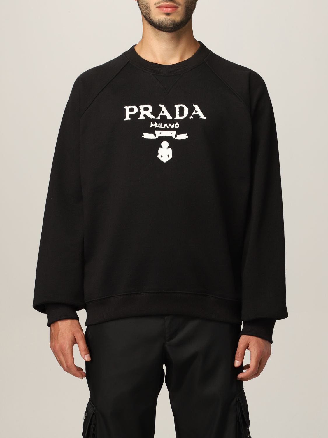 PRADA: cotton sweatshirt with contrasting inlaid logo - Black | Prada  sweatshirt UJL190 1YYB online on 