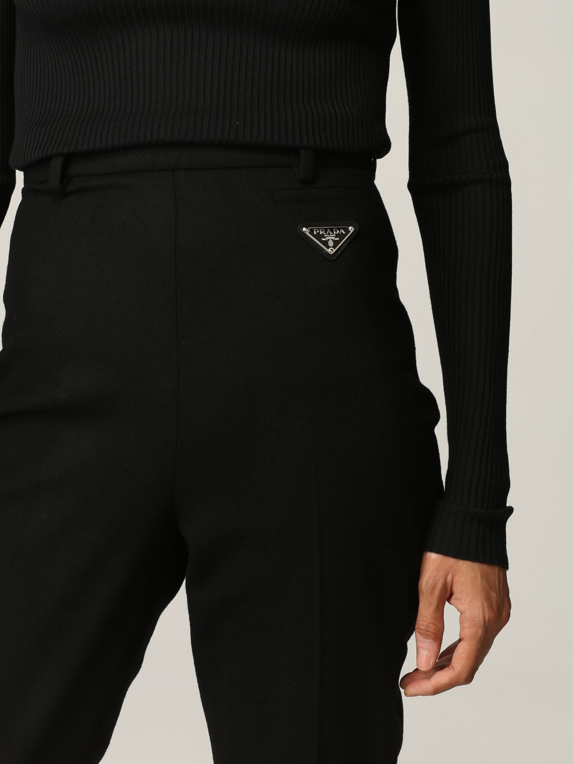 Pantalone Prada: Pantalone Prada in lana vergine stretch con logo nero 5