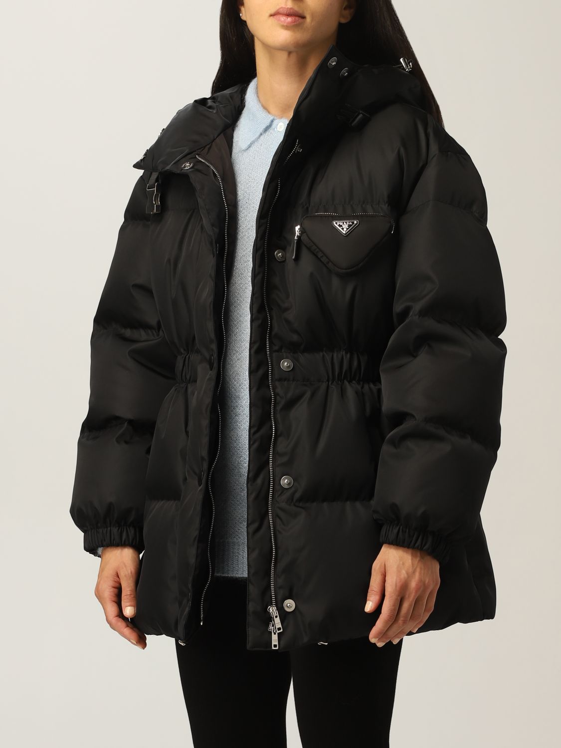 PRADA: quilted re-nylon down jacket with pouch and logo | Jacket Prada ...