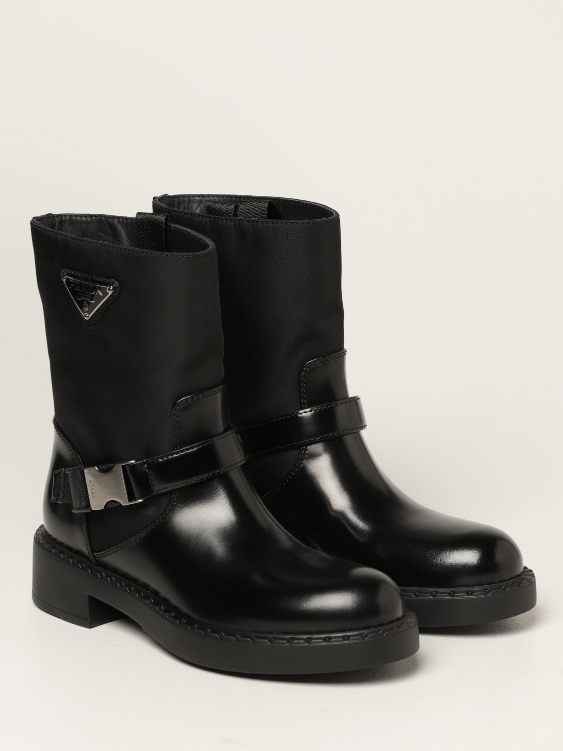 PRADA: ankle boot in brushed leather and nylon - Black | Flat Booties ...
