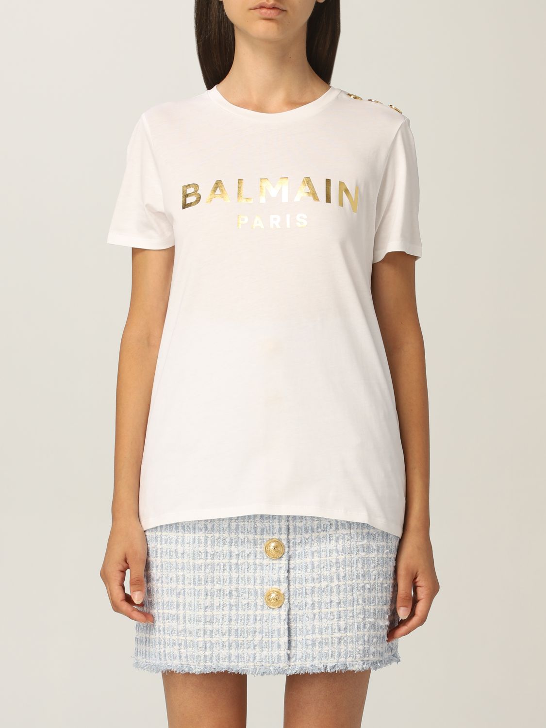 Behov for Sæt tabellen op Produkt BALMAIN: cotton T-shirt with laminated logo | T-Shirt Balmain Women White |  T-Shirt Balmain WF1EF005B097 GIGLIO.COM