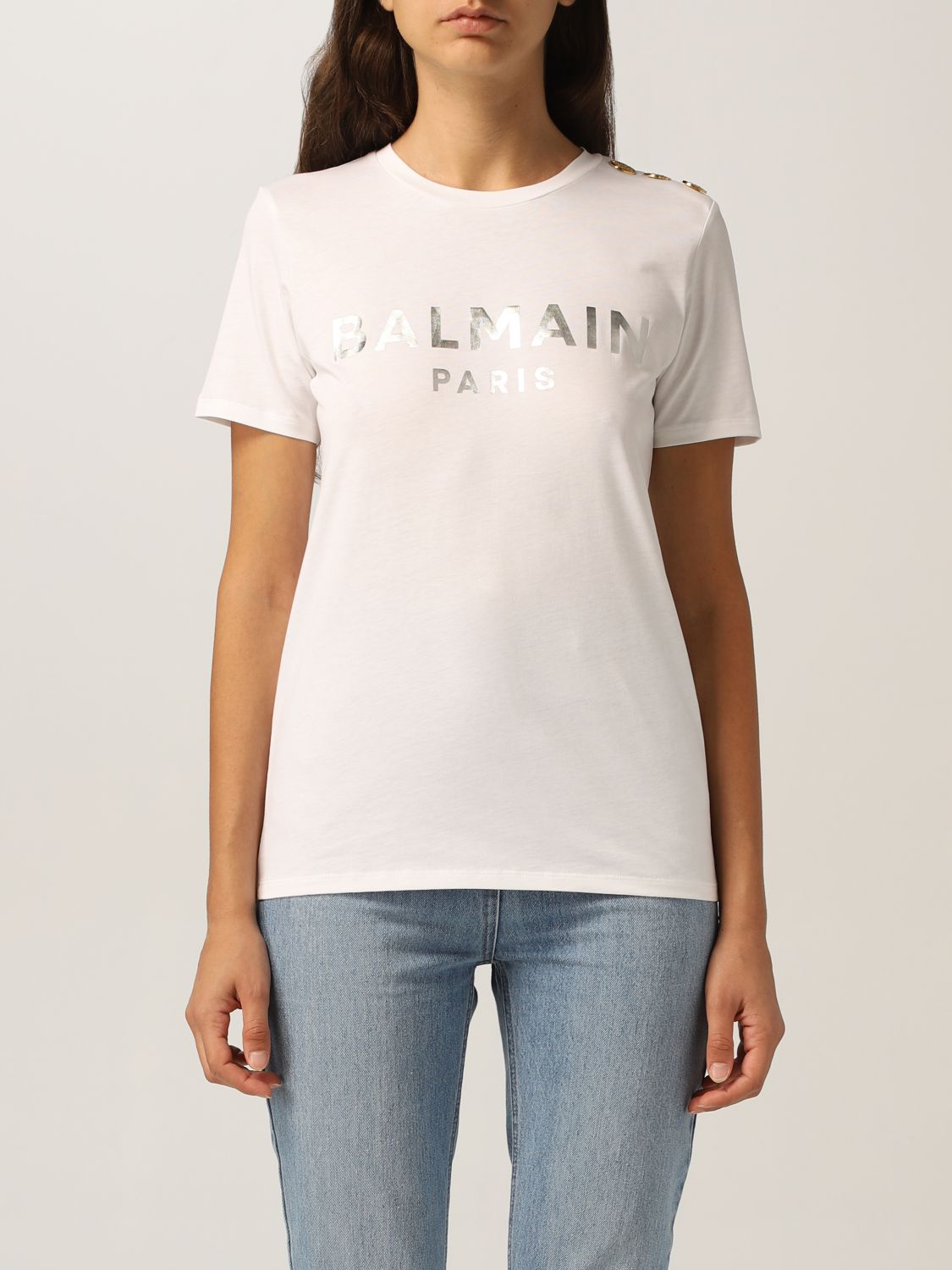 Engager Kør væk nåde BALMAIN: cotton T-shirt with laminated logo - White 1 | Balmain t-shirt  WF1EF005B097 online on GIGLIO.COM
