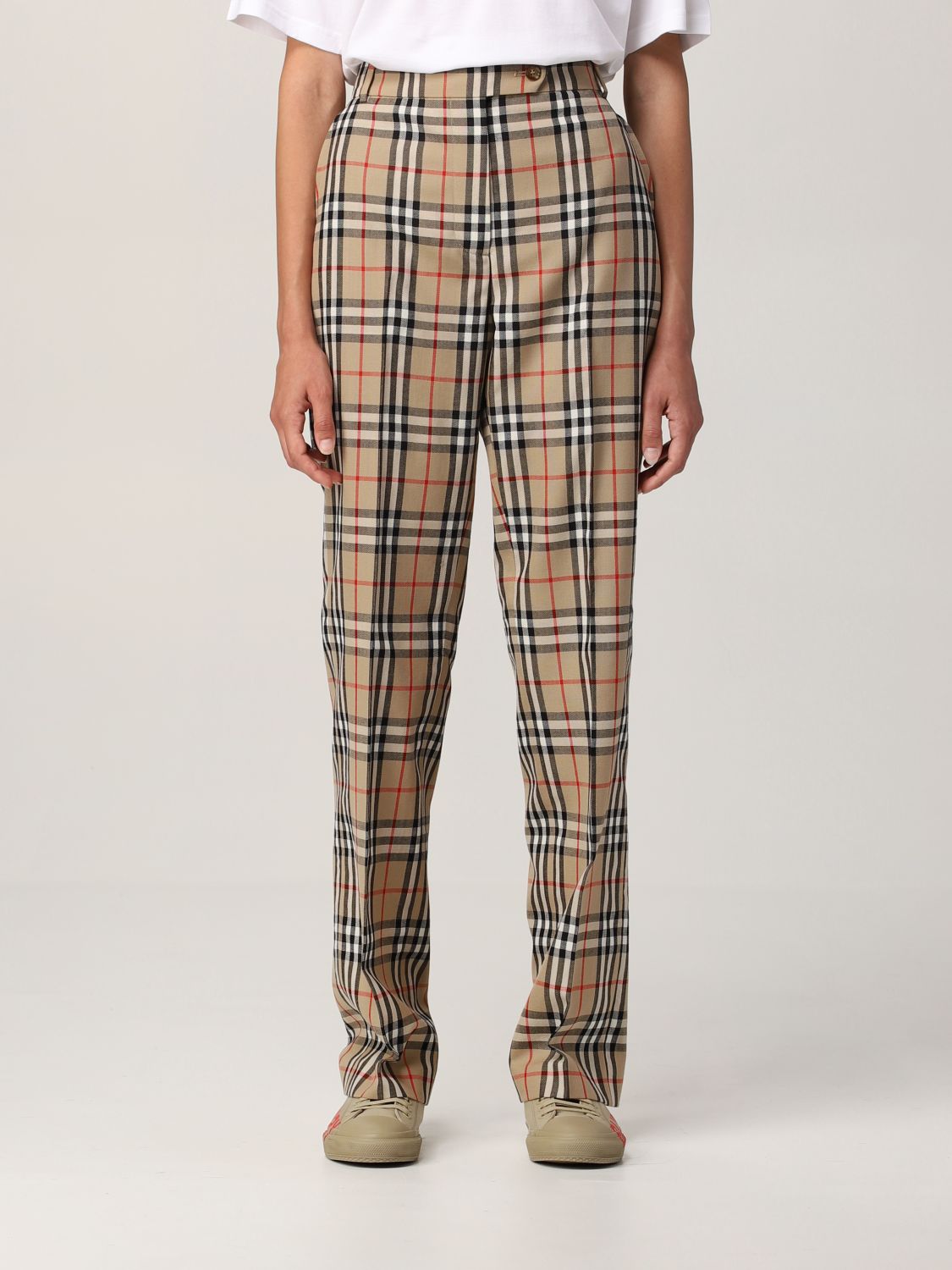 BURBERRY: trousers in check wool | Pants Burberry Beige | Pants Burberry