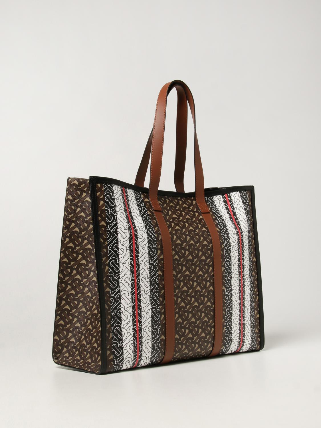 BURBERRY: handbag in e-canvas with monogram print - Brown | Tote Bags