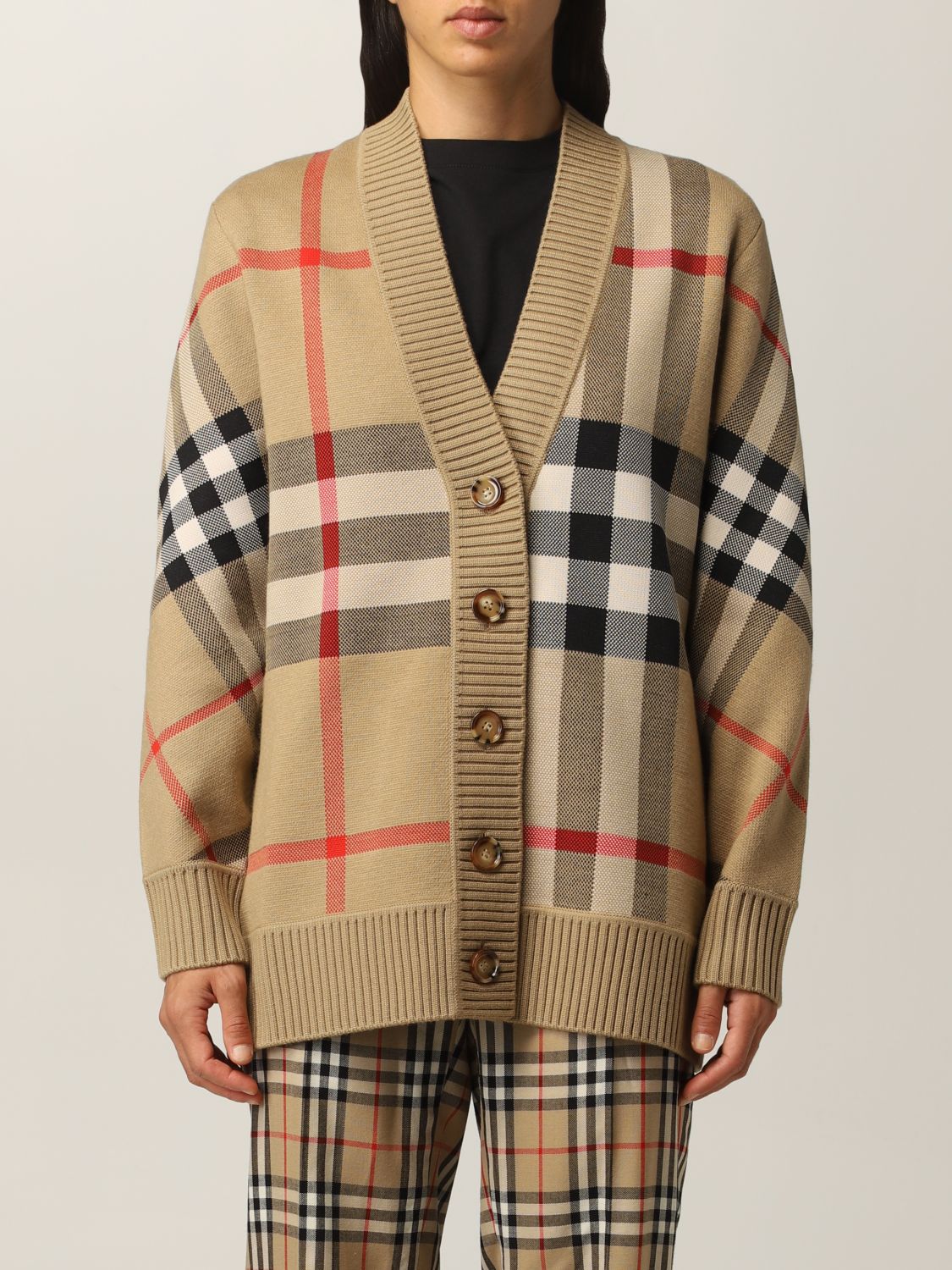 BURBERRY: cardigan in technical wool with check pattern - Beige | Burberry  cardigan 8039153 online on 