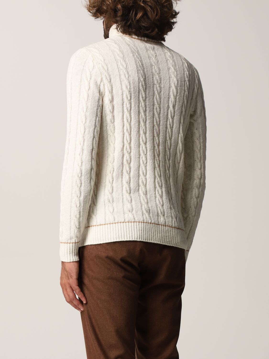 Men's Funnel Neck Sweater Jumper Wool Cable Knit Regular Fit Ivory Ribbed Finish 