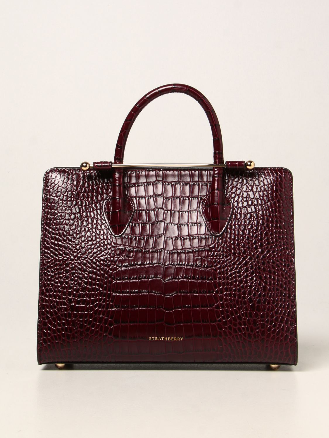 STRATHBERRY: midi tote bag in crocodile print leather - Burgundy