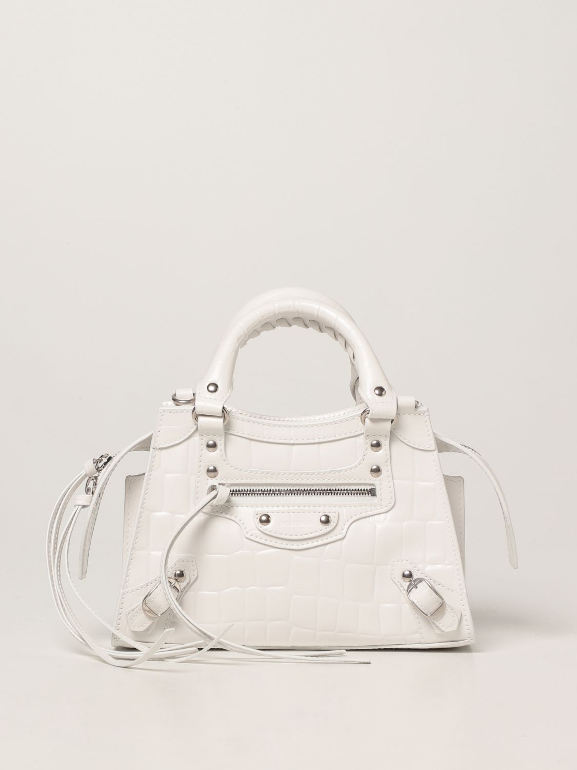 BALENCIAGA: Neo Classic City mini bag in crocodile print leather - White