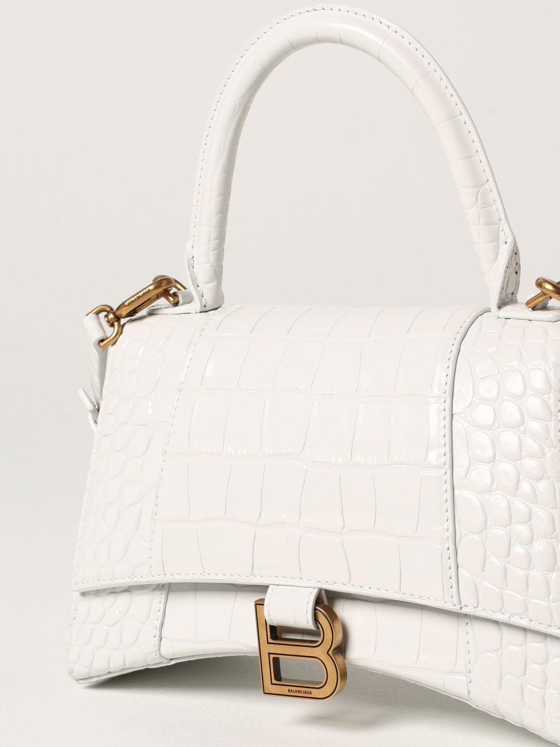 BALENCIAGA: Hourglass top handle bag in crocodile print leather - White ...