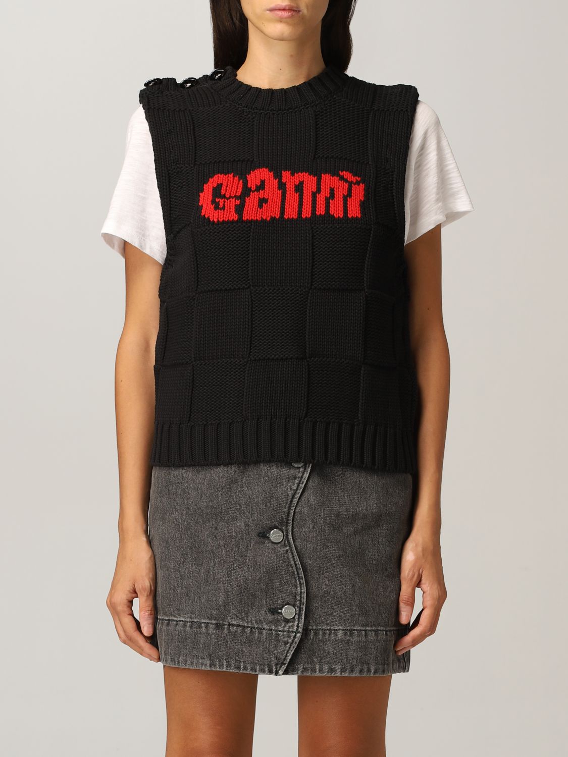GANNI: vest in cotton with logo - Black Ganni K1553 online on GIGLIO.COM