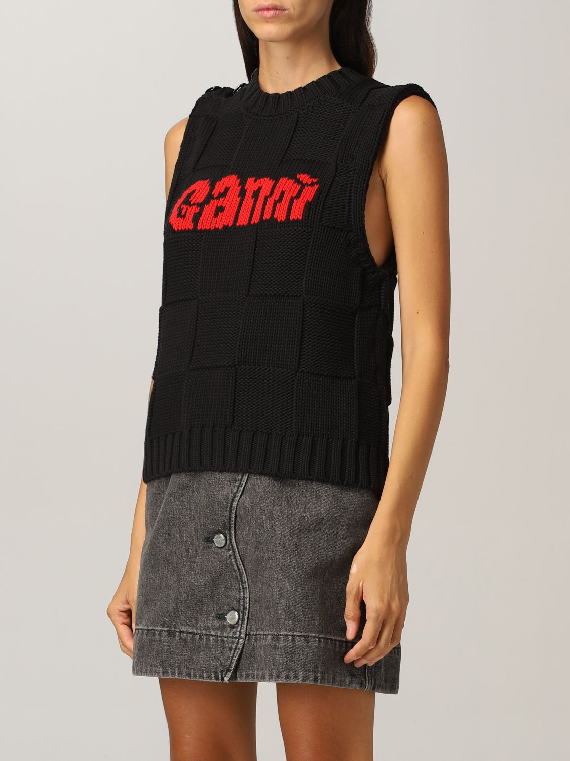 GANNI: vest in cotton with logo - Black Ganni K1553 online on GIGLIO.COM