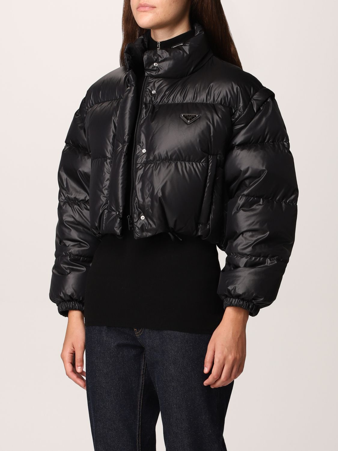 PRADA: down jacket in cropped nylon - Black | Prada jacket 291805 1IE0 ...