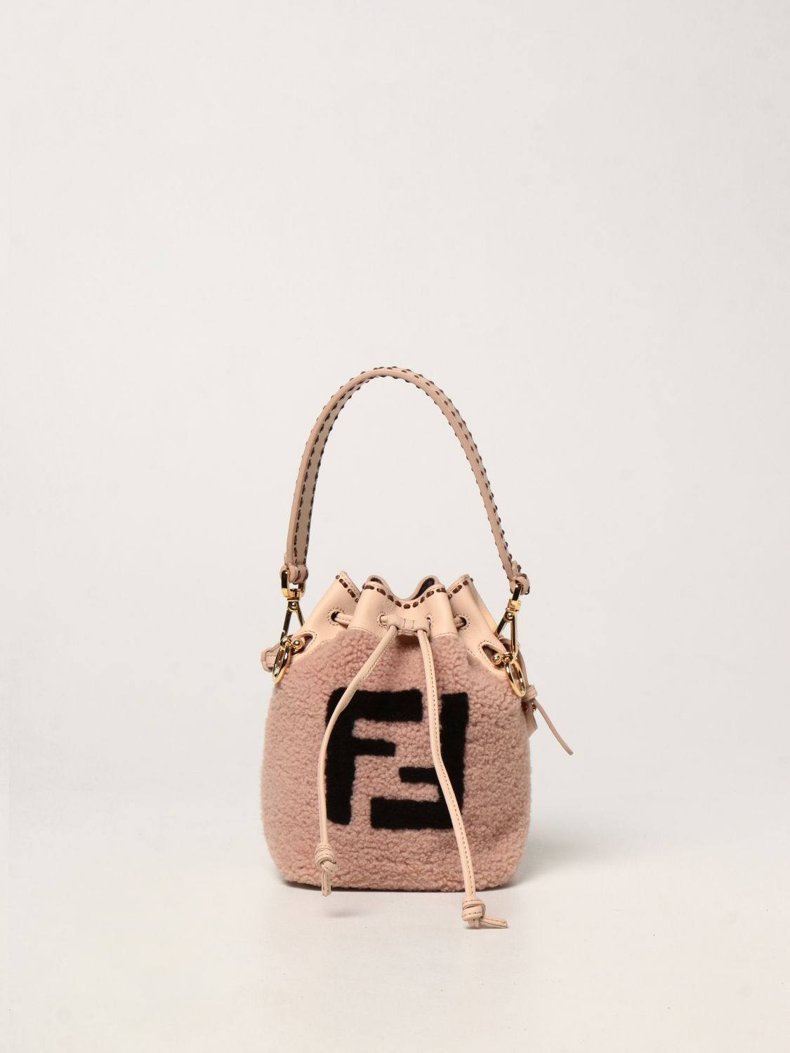 FENDI: Mon Tresor bucket bag in sheepskin with FF logo - Beige | Fendi ...
