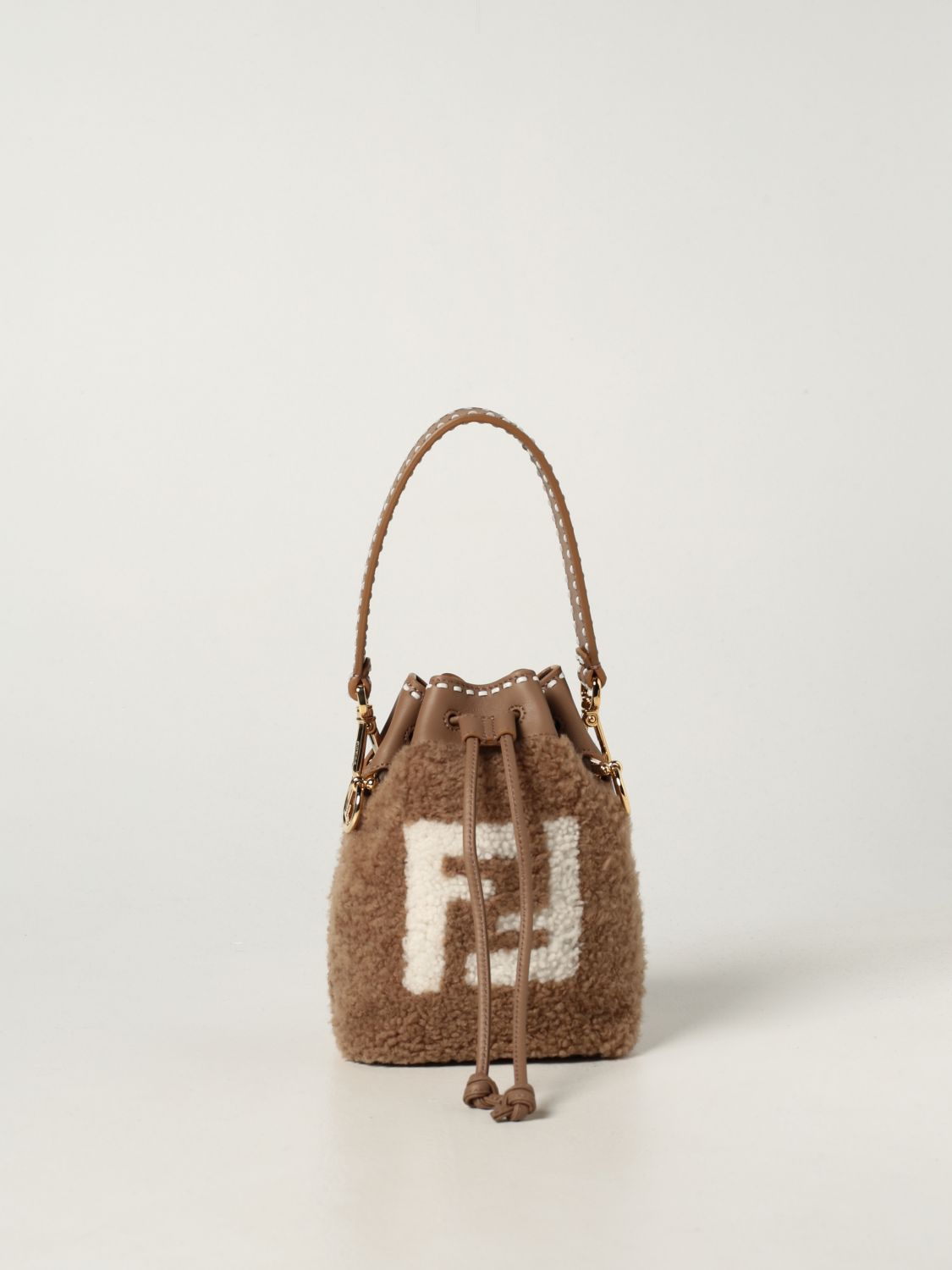 FENDI: Mon Tresor bucket bag in sheepskin with FF logo - Beige