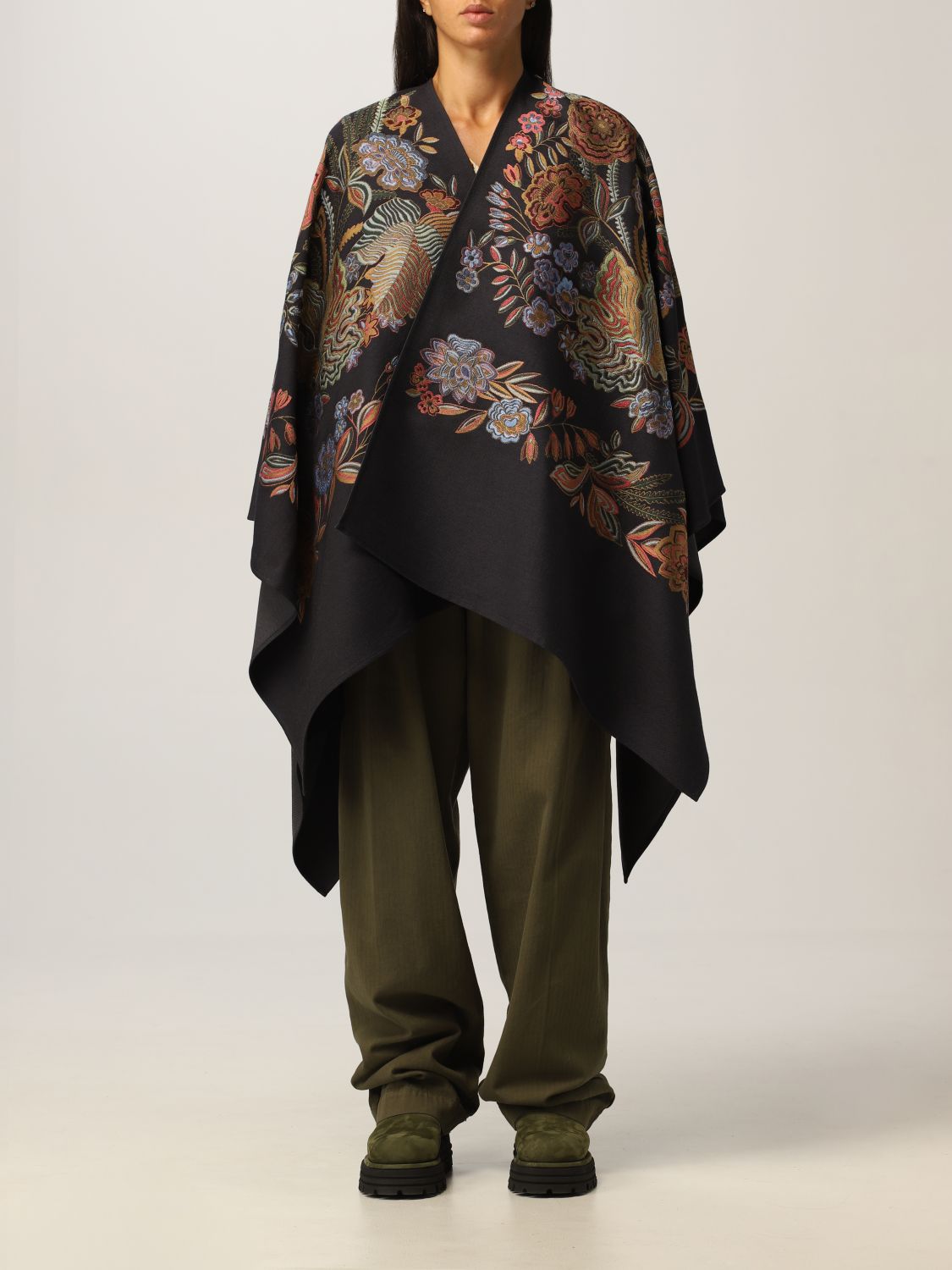 Womens Clothing Coats Capes Etro Floral Patterned Silk Cape in Black 