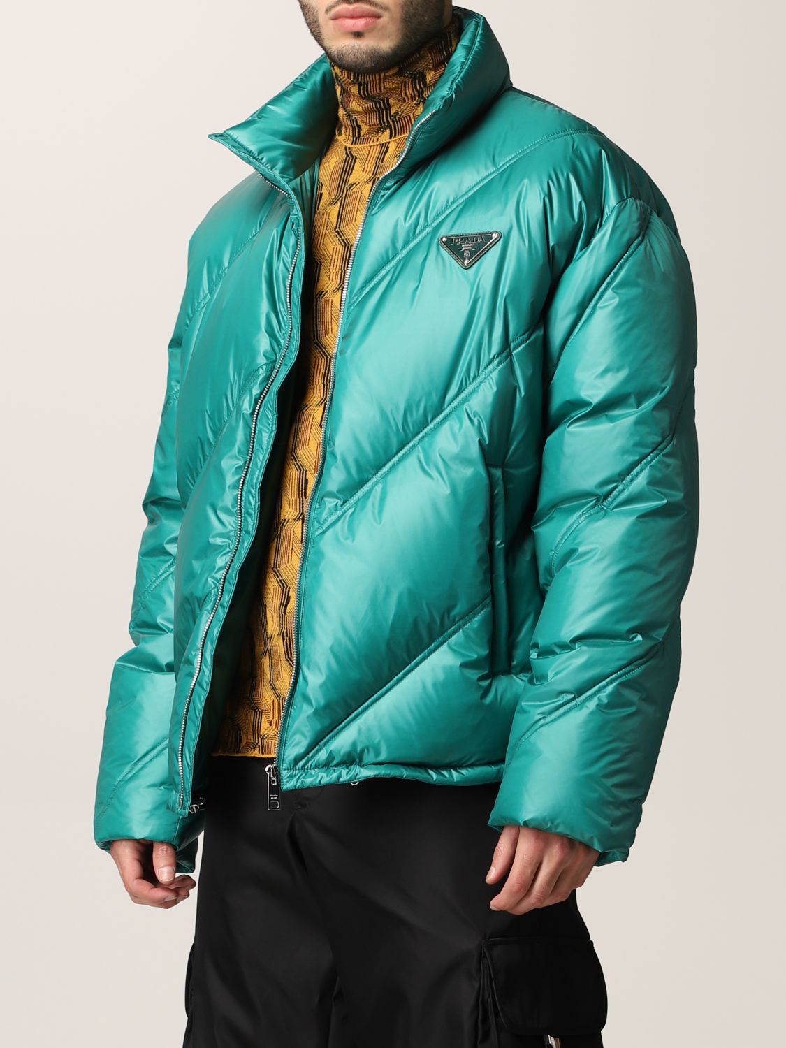 PRADA: down jacket in ciré nylon with metallic logo - Emerald | Prada jacket  SGB915 1IE0 online on 