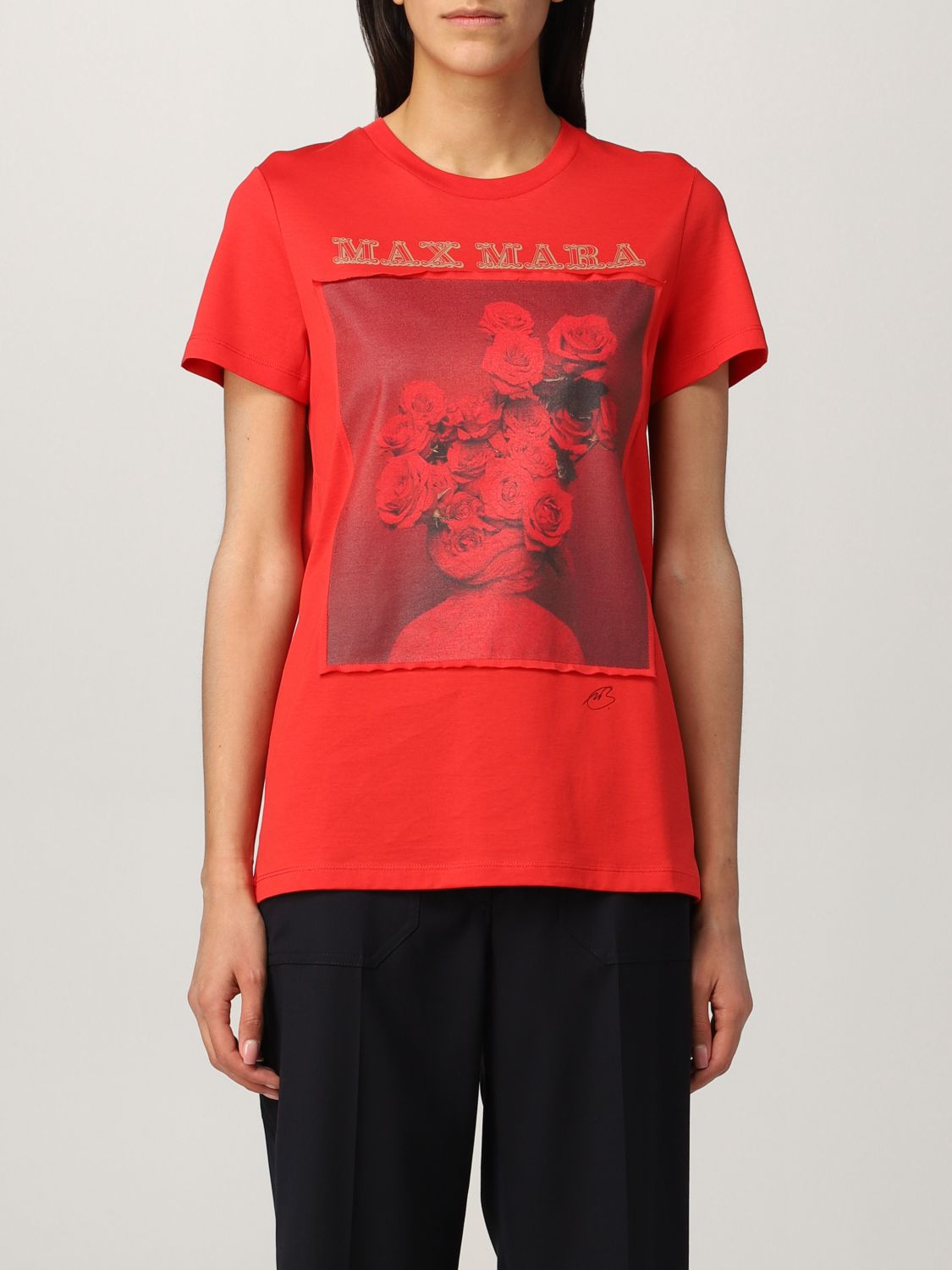 MAX MARA: Red cotton t-shirt with flower print - Red | Max Mara t-shirt ...