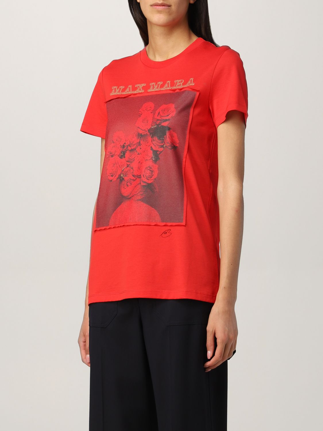 MAX MARA: Red cotton t-shirt with flower print - Red | Max Mara t-shirt ...