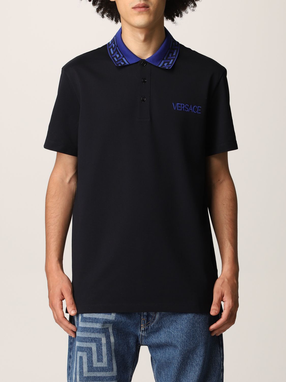 VERSACE: cotton pique polo shirt with embroidered logo - Blue | Versace ...