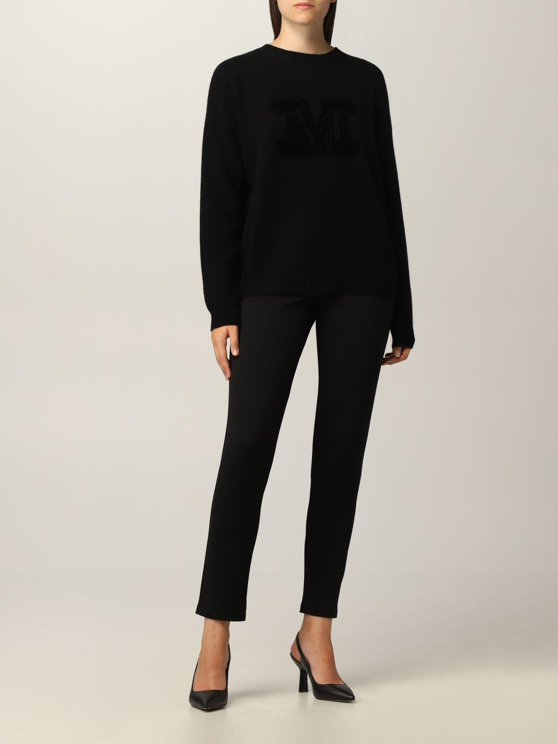 MAX MARA: Giostra sweater with logo in cashmere and wool - Black ...