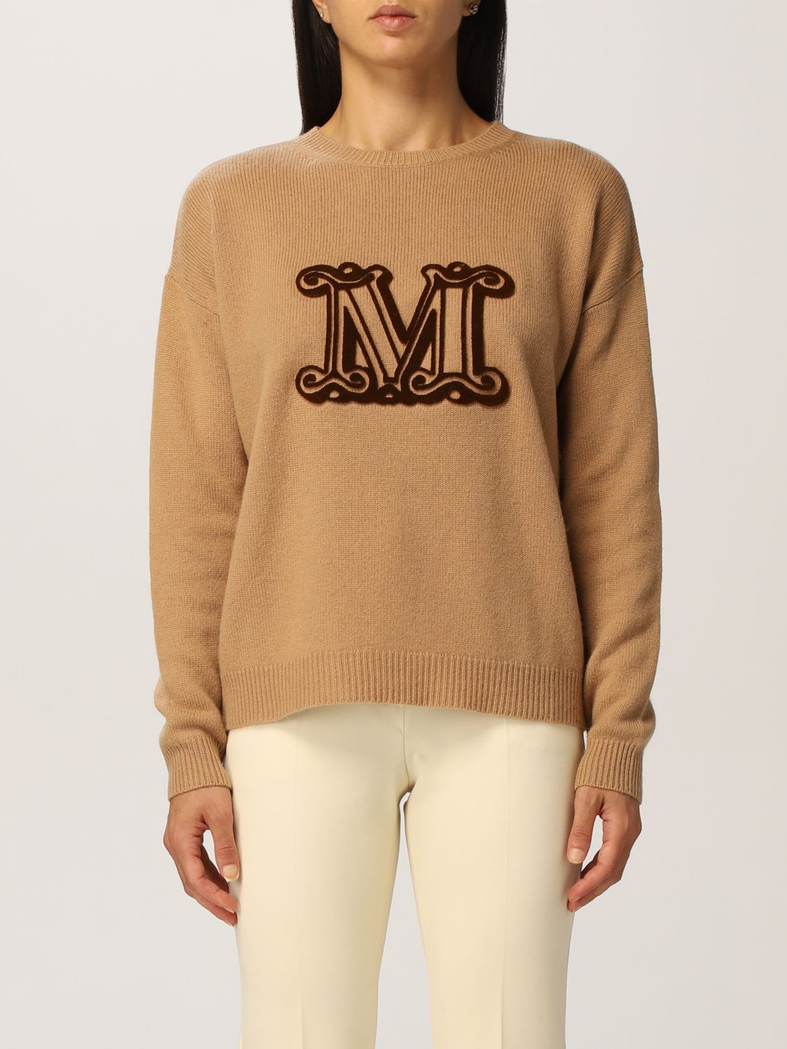 MAX MARA: Giostra sweater with logo in cashmere and wool - Camel | Max ...