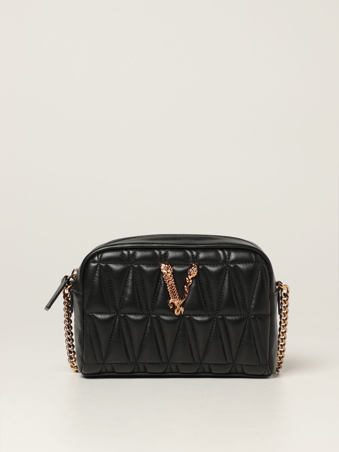 VERSACE: Virtus shoulder bag in quilted nappa - Black | Versace ...