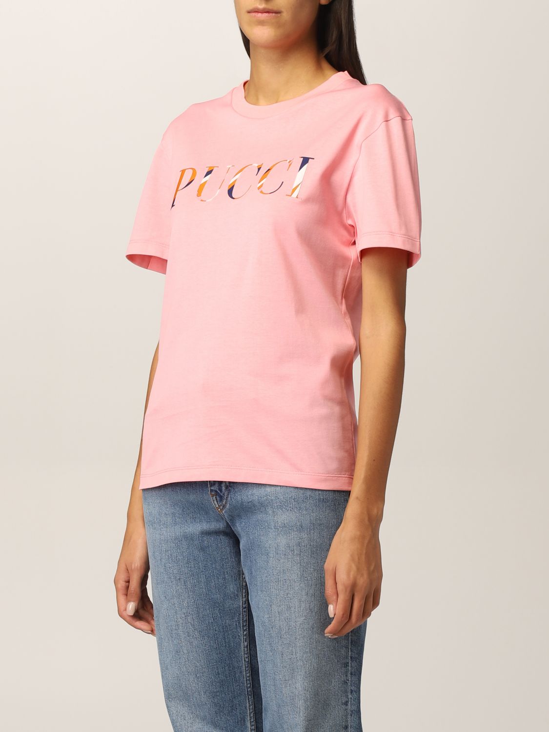 EMILIO PUCCI Geometric Pattern 3/4 Sleeves Rayon T Shirt Pink I38