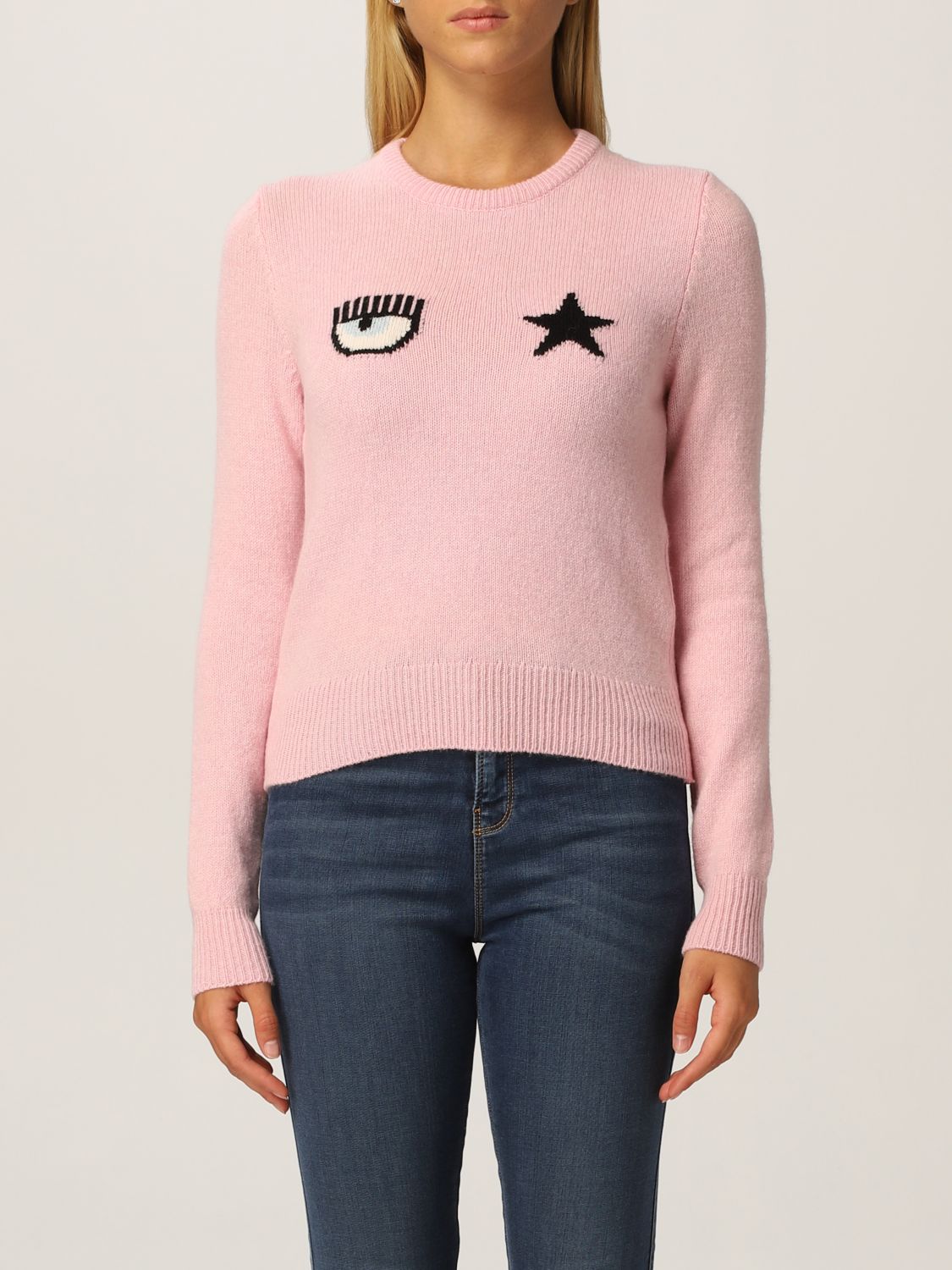Damen Pullover und Strickwaren Chiara Ferragni Pullover und Strickwaren Chiara Ferragni Wolle Intarsien-Pullover mit Logo in Pink 